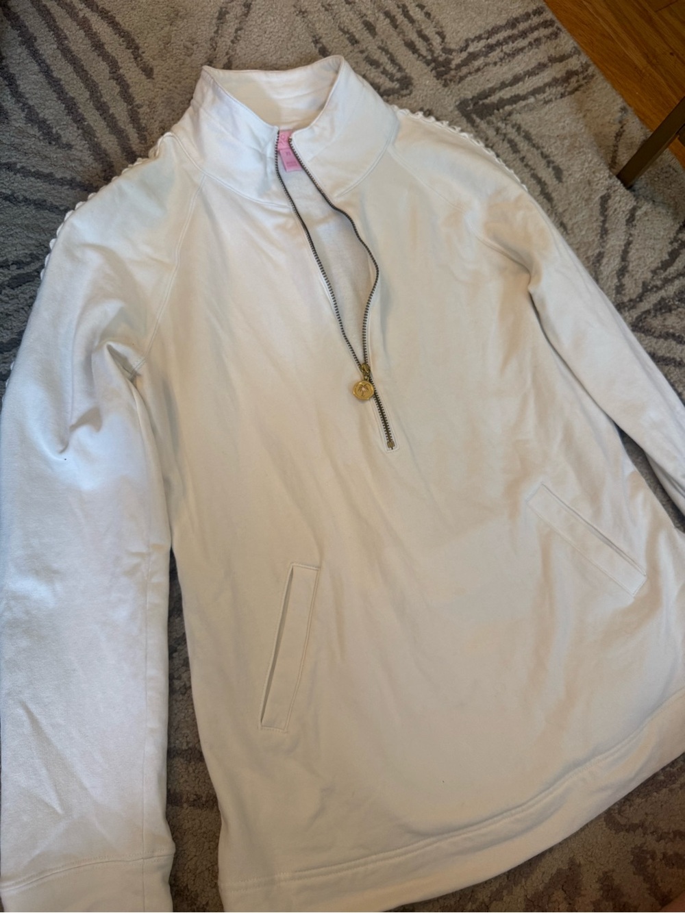 Lilly Pulitzer White Zip-Up Popover Sweater with Gold Pull